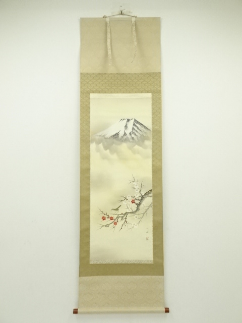 JAPANESE HANGING SCROLL / HAND PAINTED / UME & Mt.FUJI / ARTIST WORK 